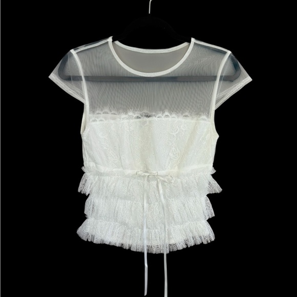 Lulu's White Lace Ruffle Blouse with Sheer Top - Picture 1 of 9